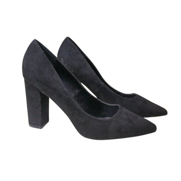 Lulus Black Faux Suede Pumps Block High Heels Pointed Toe Minimalist - Picture 3 of 6